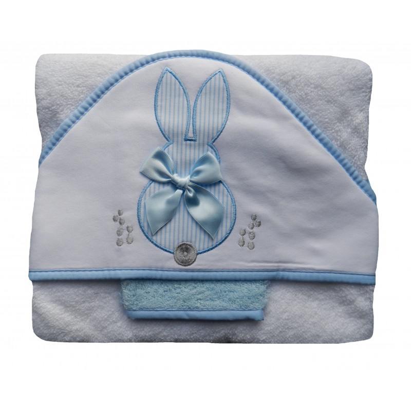 Cape de bain et gant de toilette pour bébé, blanc et bleu