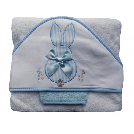 Cape de bain et gant de toilette pour bébé, blanc et bleu