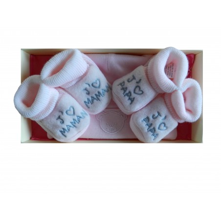 Coffret bonnet naissance et chaussons naissance rose