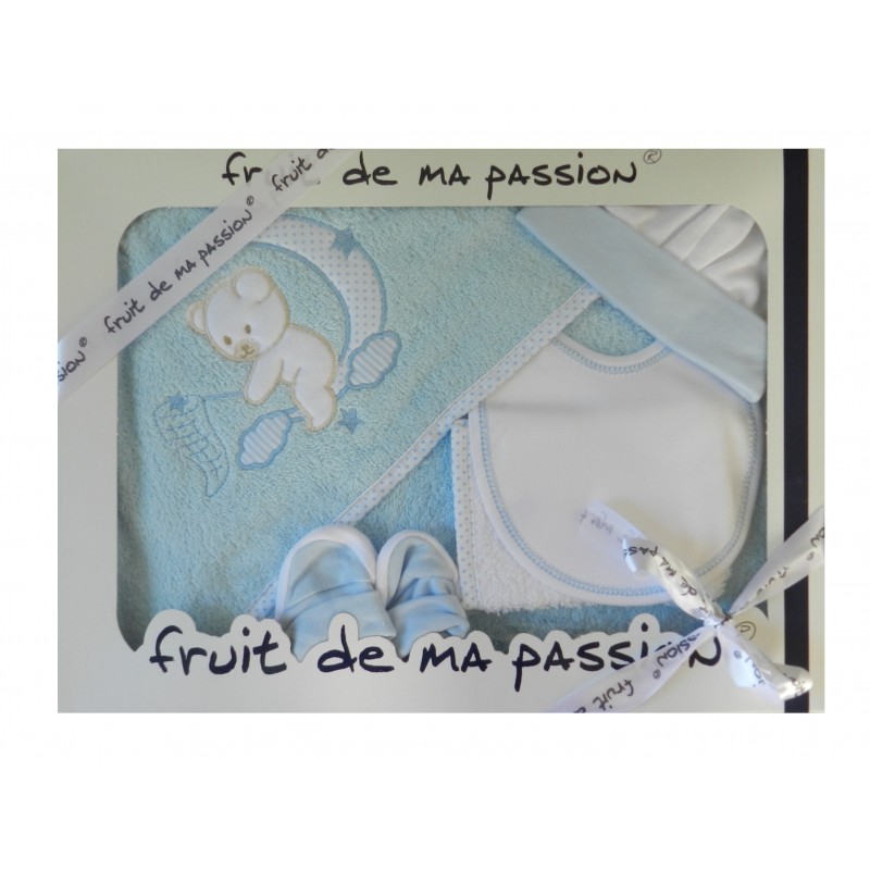 Coffret cape de bain bleu, motif ourson sur la lune Coffret cape de bain bleu, motif ourson sur la lune