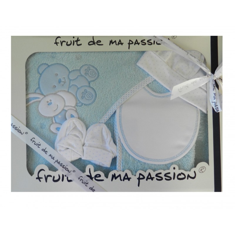 Coffret cape de bain bleu motif lapin ourson Coffret cape de bain bleu motif lapin ourson