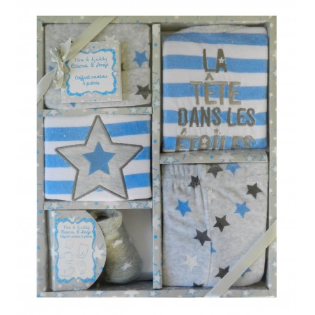 Coffret naissance gris et bleu 5 pièces Tom & kiddy