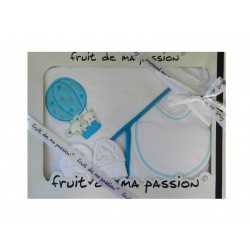 Coffret naissance sortie de bain blanc et turquoise