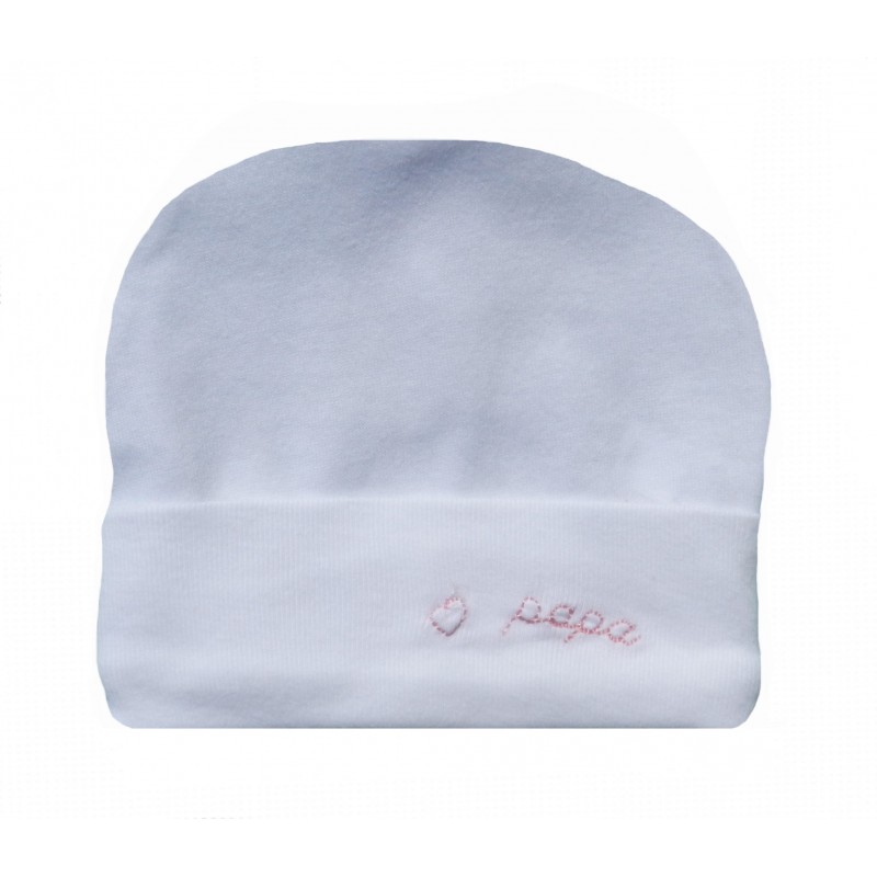 Bonnet naissance blanc et rose j'aime papa Bonnet naissance blanc et rose j'aime papa