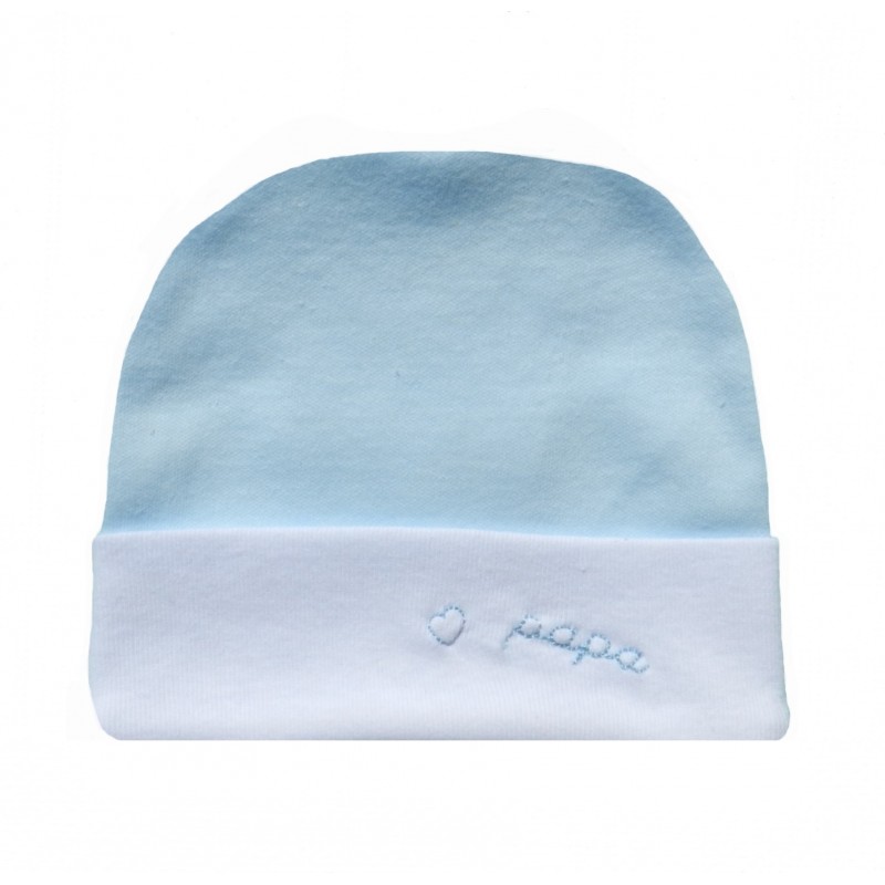 Bonnet naissance bleu ciel et blanc j'aime papa Bonnet naissance bleu ciel et blanc j'aime papa