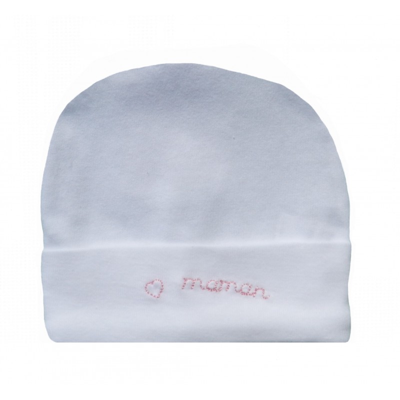 Bonnet naissance blanc et rose j'aime maman