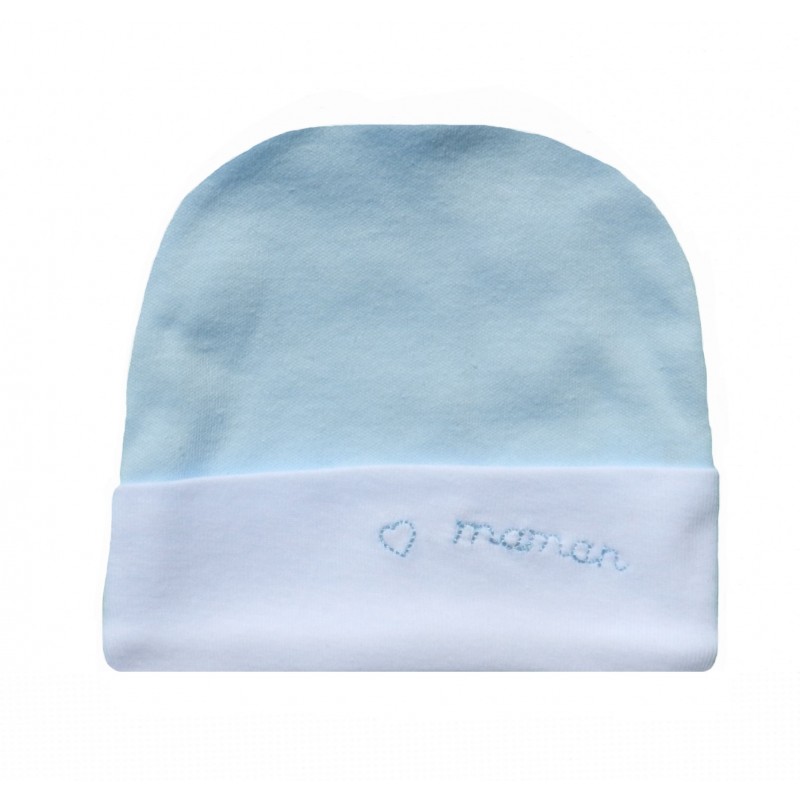 Bonnet naissance j'aime maman bleu ciel et blanc Bonnet naissance j'aime maman bleu ciel et blanc
